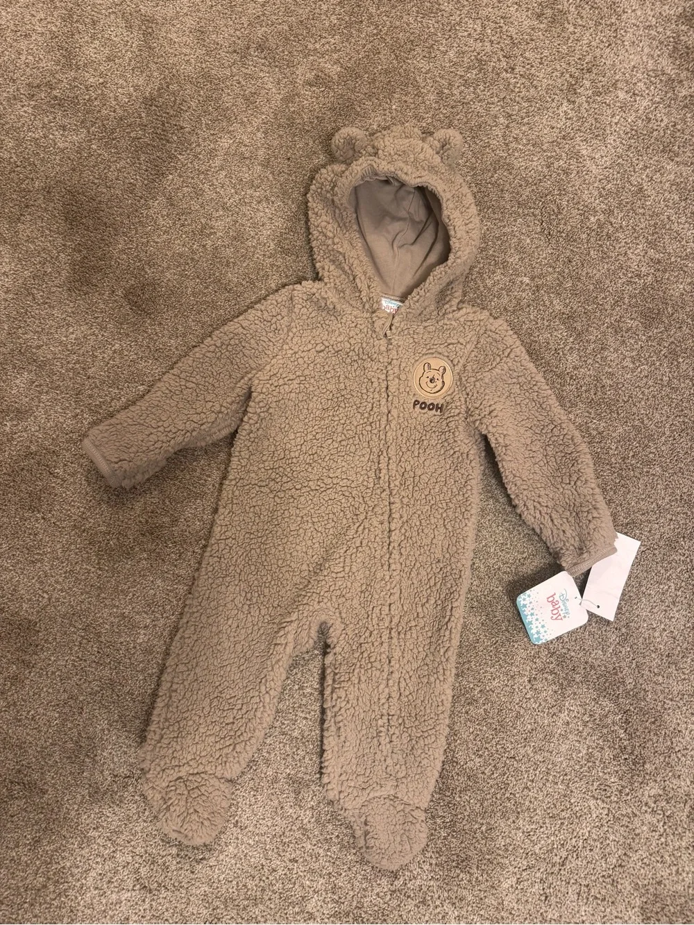 Disney Taupe Sherpa Pooh Hooded Baby One-Piece